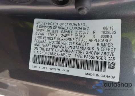 2019 Honda Civic Ex из США, поврежденный, VIN 2HGFC3B35KH356972